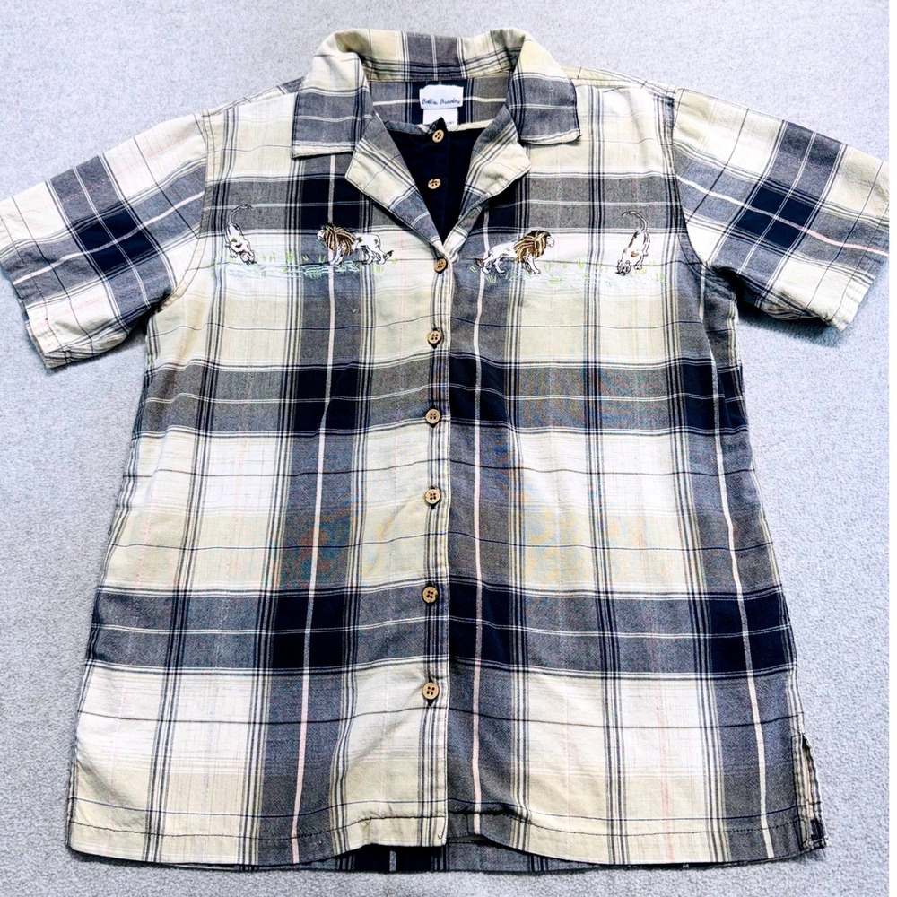 Bobbie Brooks Button Down Shirt Womens Medium Black Plaid Lion Safari Embroidery